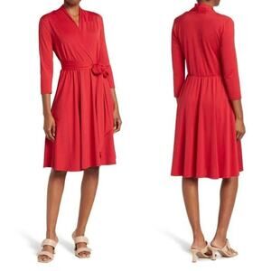 By Design Prescott Dress 3/4 Sleeve Tie Waist Faux Wrap Knee Length Red Medium